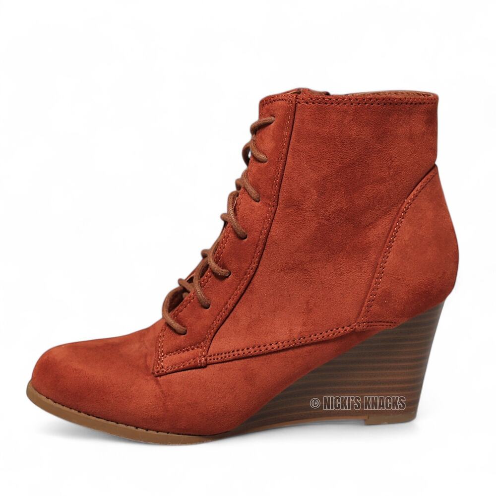 Journee Collection Rust Faux Suede Lace Up Heeled Wedge Ankle Boots Size 6.5